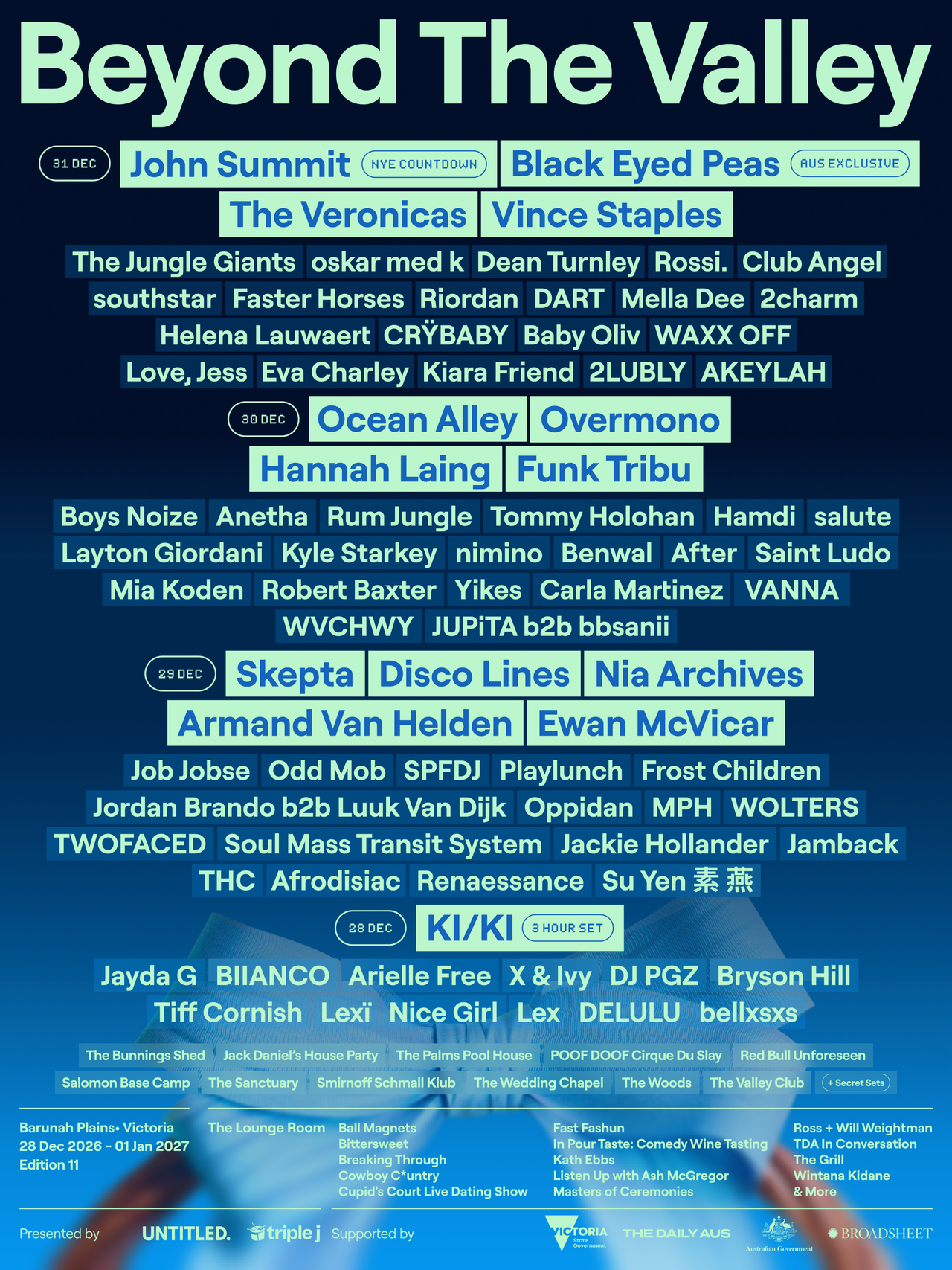 Beyond The Valley 2026/2027 festival poster featuring headliners John Summit, Black Eyed Peas, The Veronicas, Skepta, and Ocean Alley in Victoria.